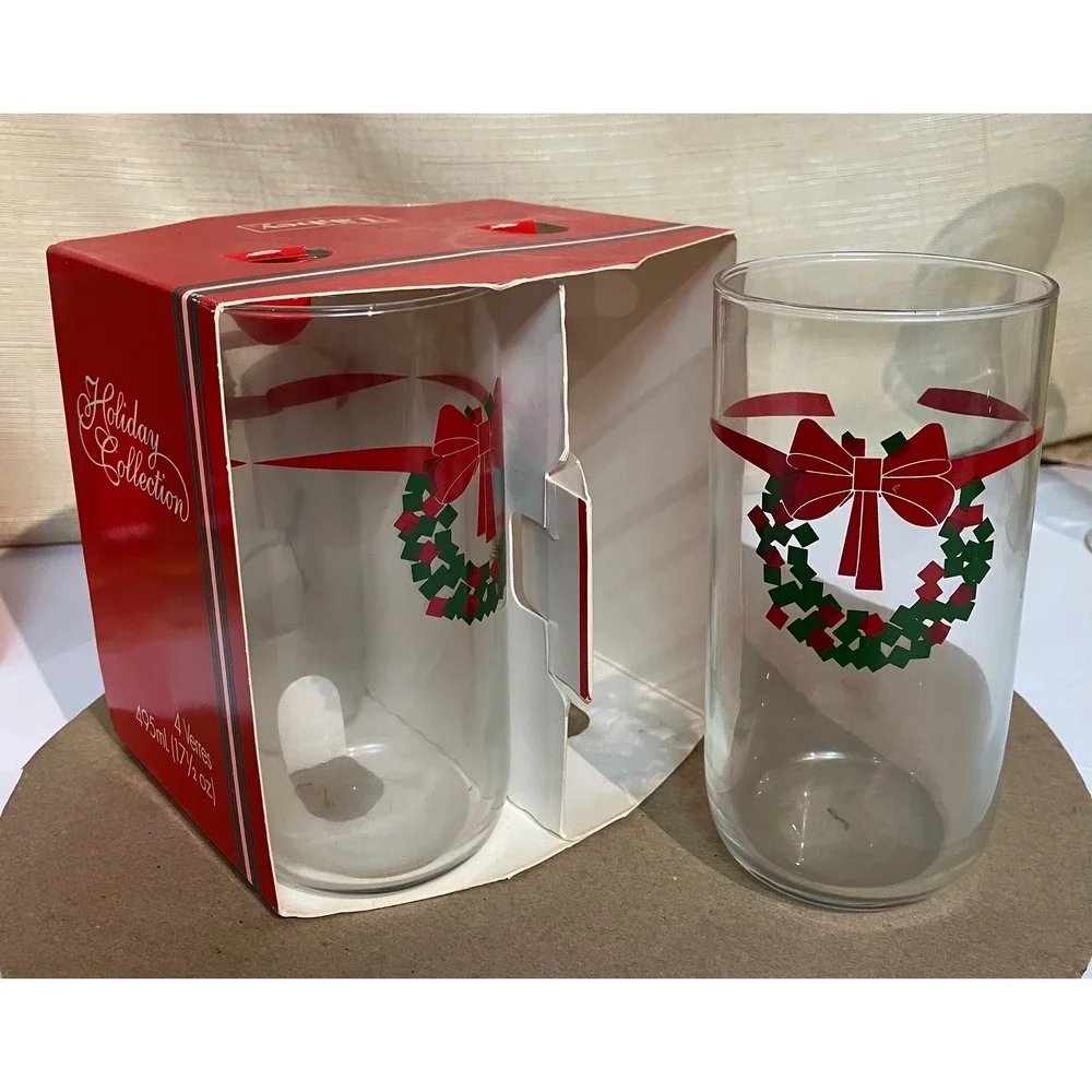 Libbey Glassware 2 Sets of four 17.5oz Clear Excellent Christmas Wreath Tree 8pc